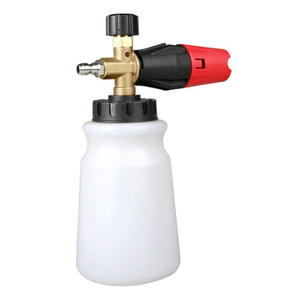 Snow foam pressure washer gun with red handle and white foam pot, brass valve head