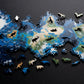 Wooden jigsaw puzzle scene with blue ocean map pieces and animal cutouts