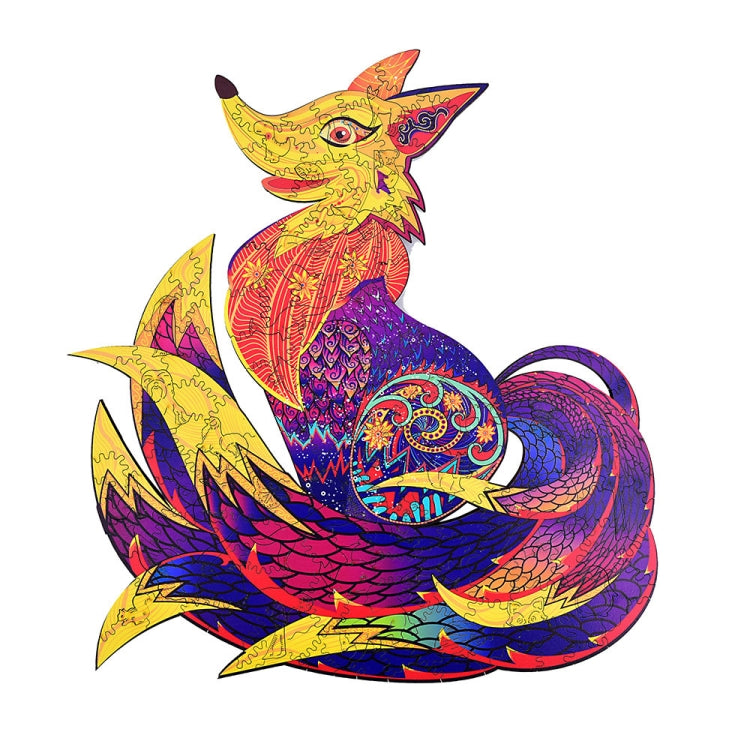 3D wooden fox animal puzzle toy with curled tail and rainbow scales