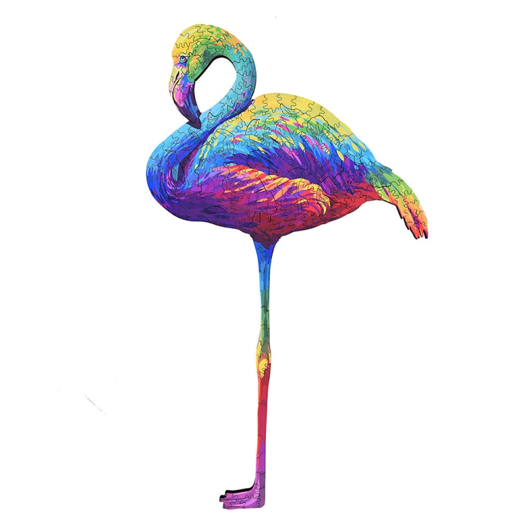 Colorful wooden 3D flamingo animal puzzle with curved neck and beak