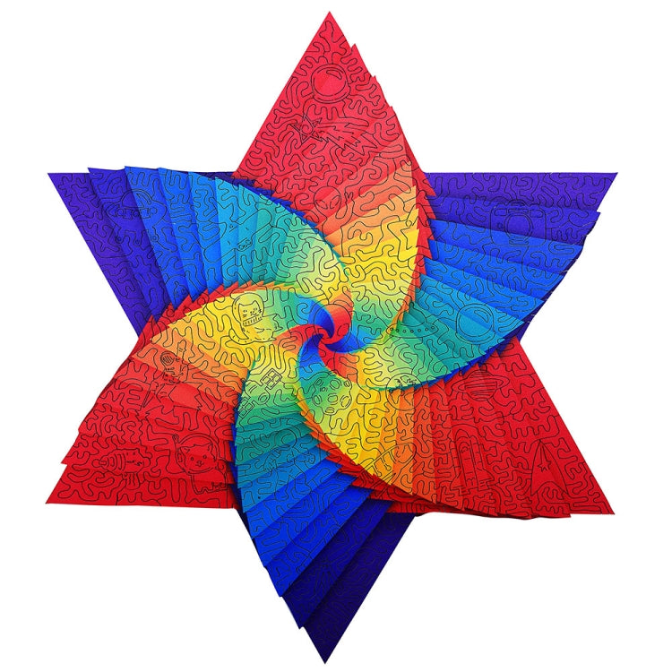 Rainbow star-shaped wooden 3D puzzle with interlocking contour cut lines