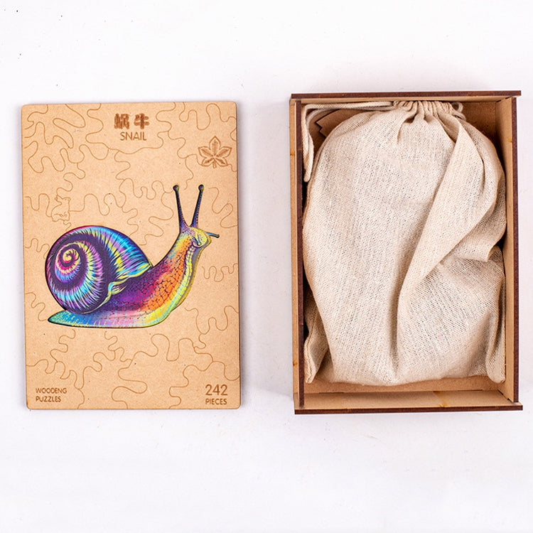 Wooden snail puzzle set in box with illustrated cover and cloth storage bag