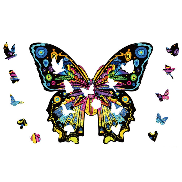 Wooden butterfly 3D puzzle with pieces scattered around the colorful butterfly