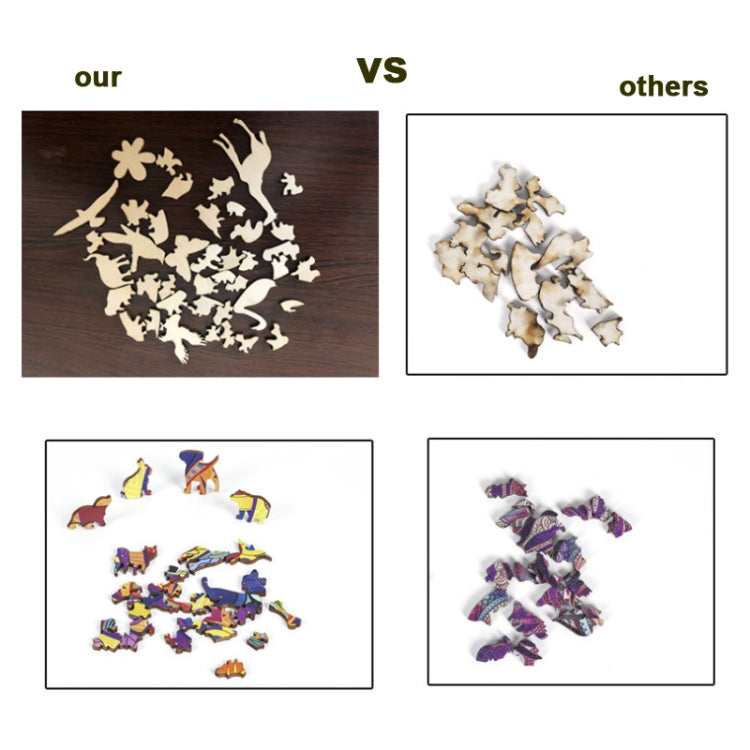 Wooden butterfly puzzle pieces shown in comparison panels with colorful parts