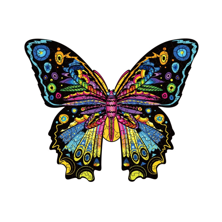 Butterfly wooden 3D puzzle with ornate blue, yellow, pink, and green wings
