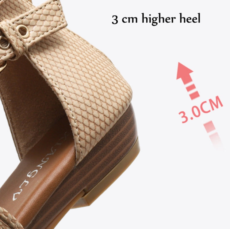 Close-up of apricot sandal wedge sole and ankle strap stitching