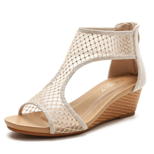 Light beige mesh wedge sandal with open toe and wood-look heel