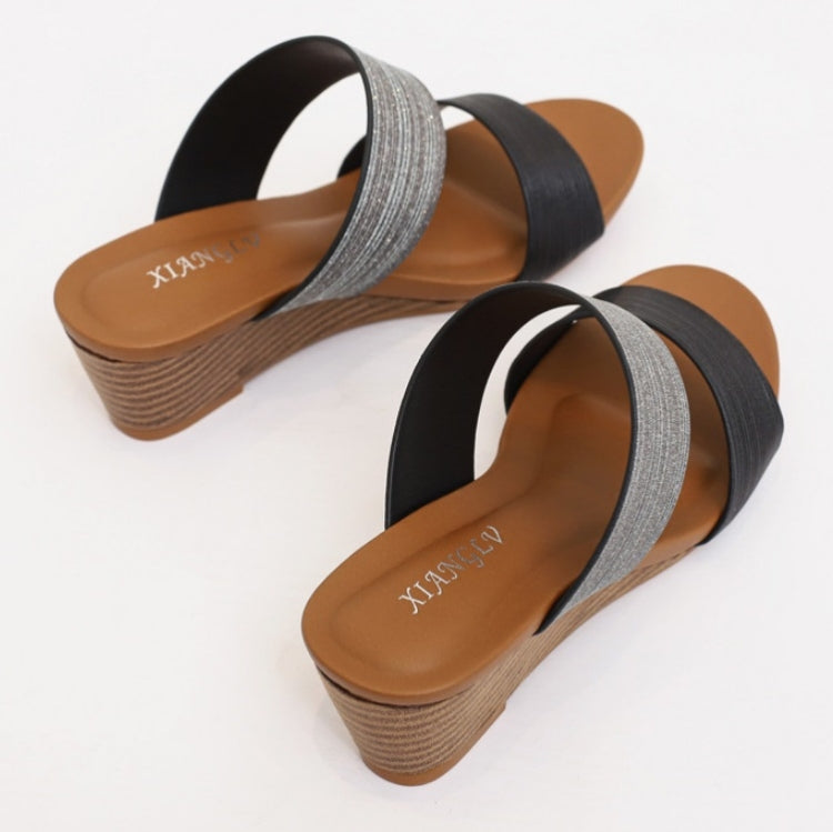 Pair of platform wedge slide sandals in black and gray, side angle view