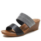 Platform wedge slide sandals with black and gray straps and tan outsole