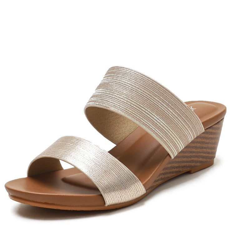 Wedge slide sandals with champagne woven straps and peep-toe platform heel
