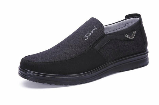 Men's low-cut slip-on flat shoe, dark navy/black textile upper and rubber sole