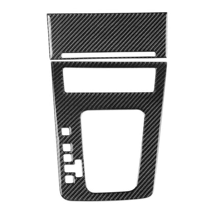 Black carbon-fiber style gear shift panel trim sticker with cutout window and buttons.