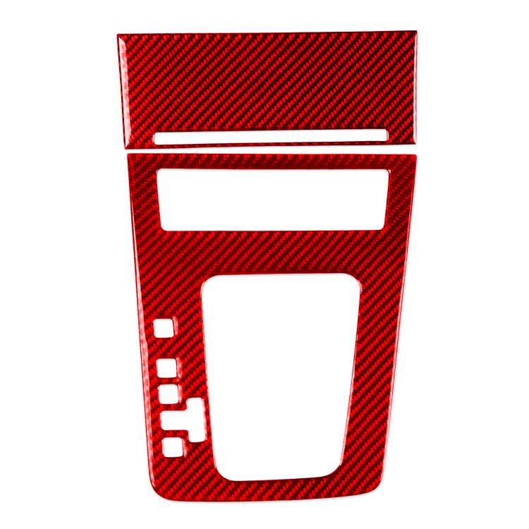 Red carbon-fiber style gear shift panel trim sticker with cutout window and buttons.