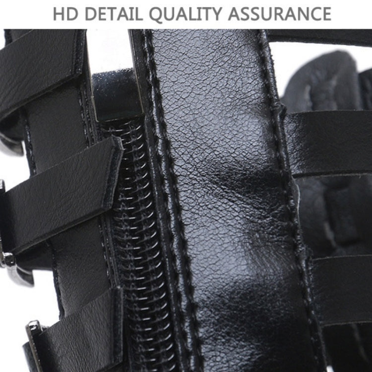 Black back-zip high-top sandal with zipper and side straps