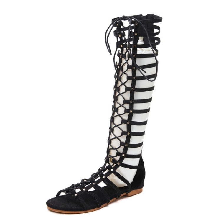 Black high-top gladiator flat sandals with striped straps, crisscross lattice, lace-up