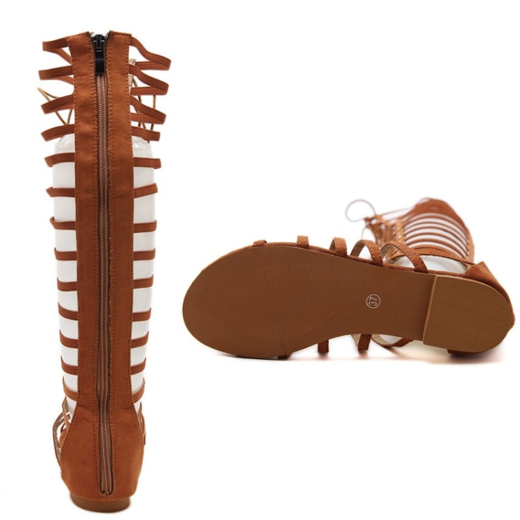 Brown high-top sandals with lace-up front, side zipper, and striped cutout straps