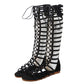 Black lace-up gladiator sandals with striped strap panels and open toe, flat sole