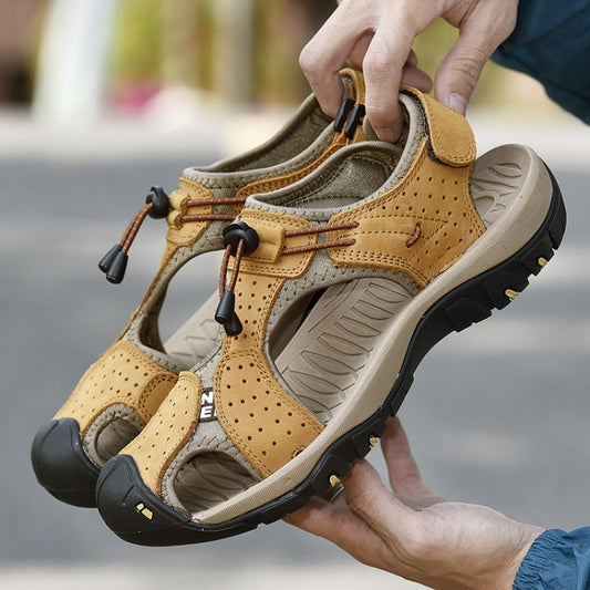 Men's tan leather wading sandals with lace-up and heel strap, chunky outdoor sole