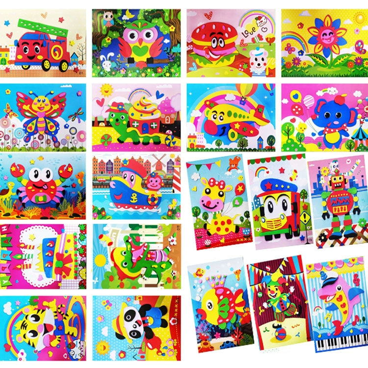 Kids EVA sticker set showing multiple animal and vehicle designs on small sheets