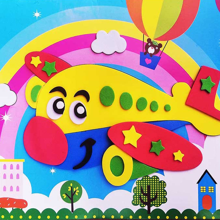 Kids EVA sticker sheet with a yellow bee on rainbow clouds and hot air balloon