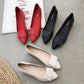 Women’s mid-heel pumps in beige, red, and black with pointed toes and slip-on strap