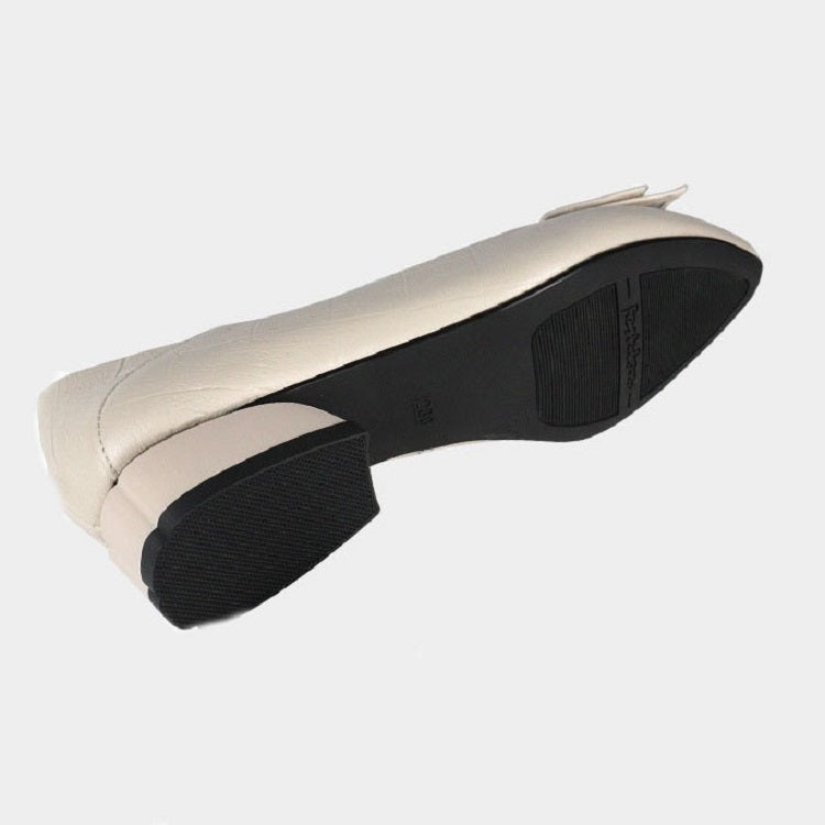 Women’s white cowhide slip-on pumps with mid block heel and black outsole