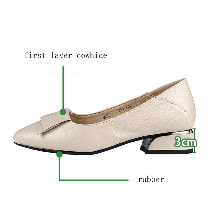 Beige cowhide flats with thick 3cm heel, pointed toe