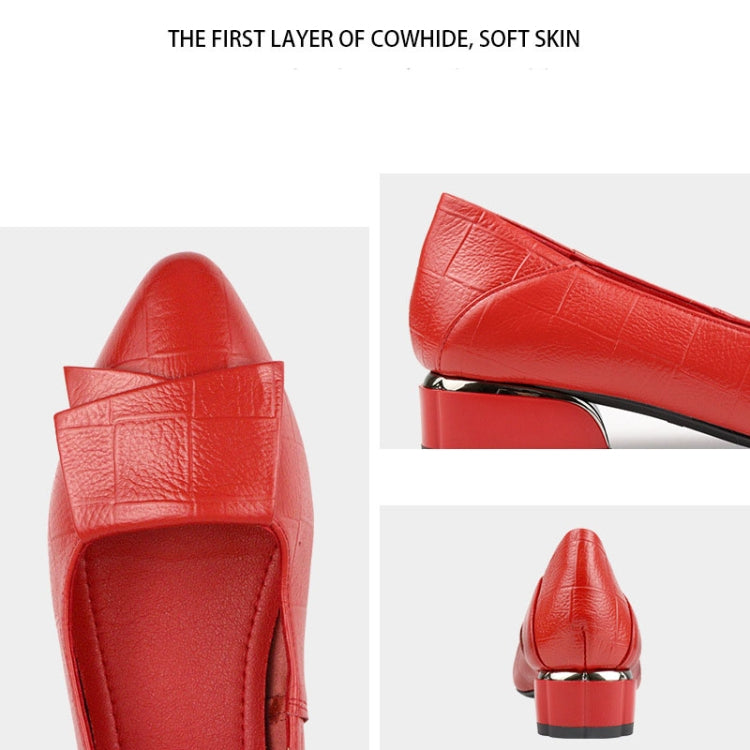 Red leather flats with thick heel, slip-on pointed toe, close-up