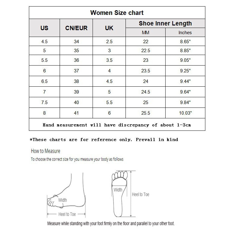 Women shoe size chart: US/EU/UK and inner length in inches and mm