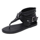 Black flat flip-flops with ankle cuff buckle and side toe thong strap