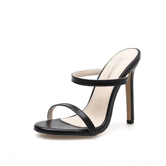 Black open-toe strappy high-heel mule sandal with slim ankle strap