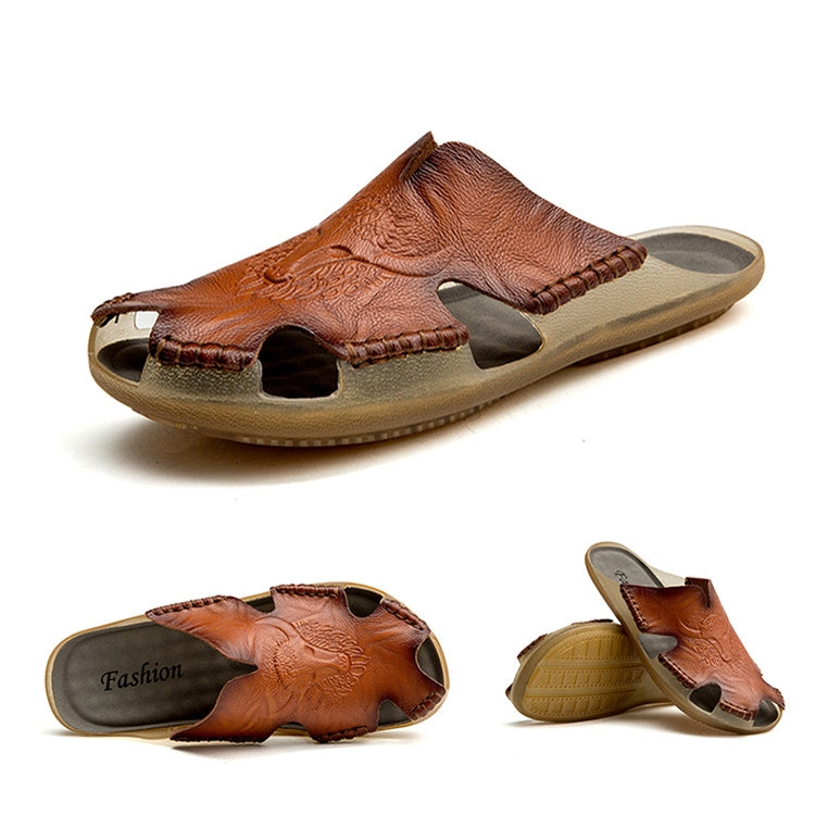 Men's leather slide slippers, tan-brown textured upper with cut-outs and tan rubber sole