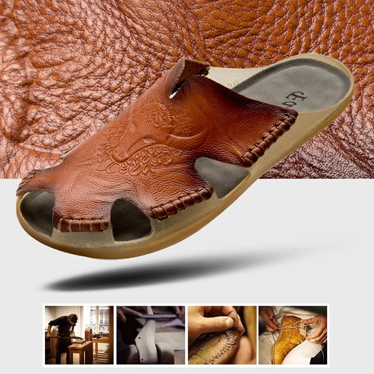 Brown leather slide slipper upper detail with cut-out openings and stitched edge trim