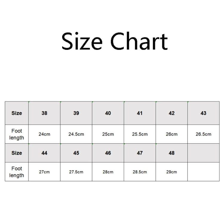 Size chart for men's leather slippers: sizes 38-48 with foot lengths in cm