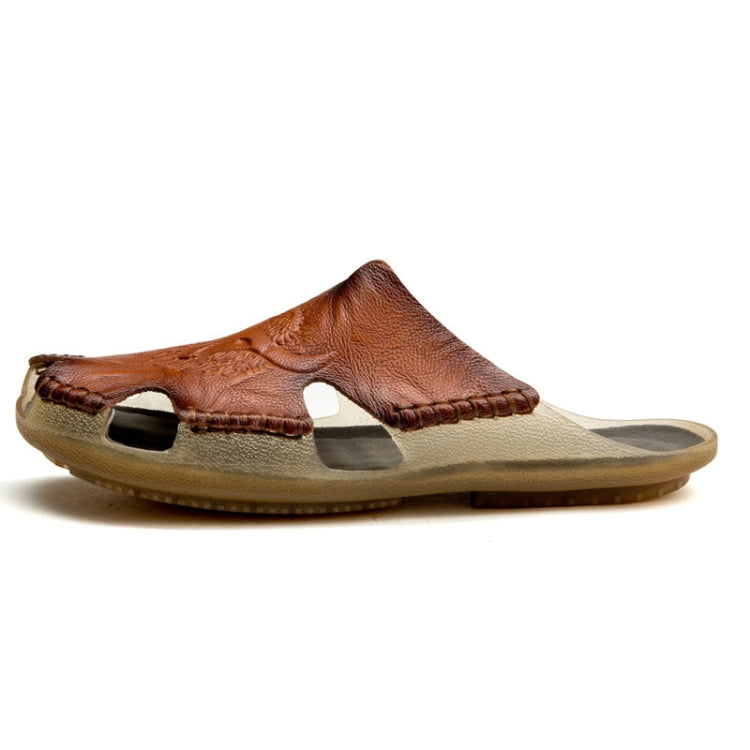 Men's leather casual slide sandals, brown cut-out design with stitched edges and tan footbed