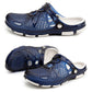 Navy slip-on sandals/clogs with perforations, adjustable straps, and cushioned sole