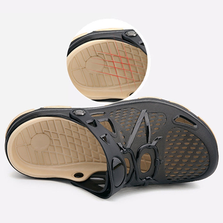 Close-up of sandal outsole with molded grip pattern and strap buckle