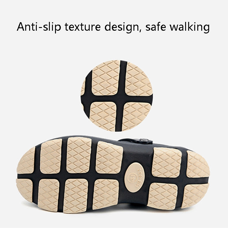Anti-slip outsole texture on sandals with grippy tread and strap hardware