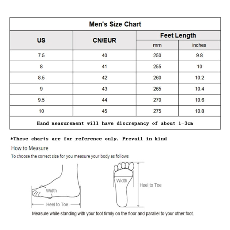 Men's shoe size chart with US, CN/EUR, and foot length measurements