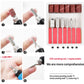 Replaceable nail sanding bits set in a clear case with red abrasive sleeves