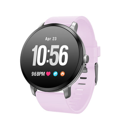 Pink silicone strap smartwatch with round black screen showing time and activity icons