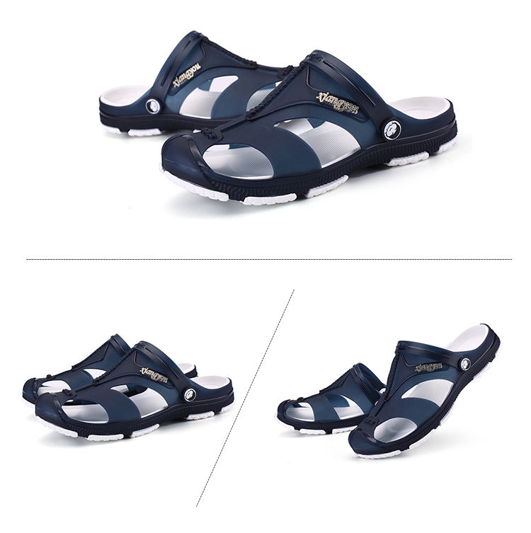 Men's dark blue waterproof slide sandals, side angle with adjustable strap and buckle