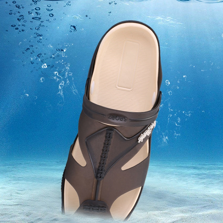 Men's dark waterproof sandals with beige footbed and thick tread sole
