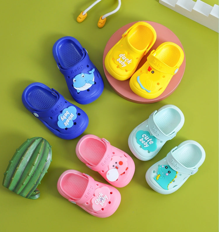 Children’s slip-on slippers in blue, yellow, pink, and white with cartoon accents