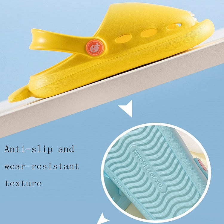Yellow kids shark slippers with anti-slip textured sole and fin toe