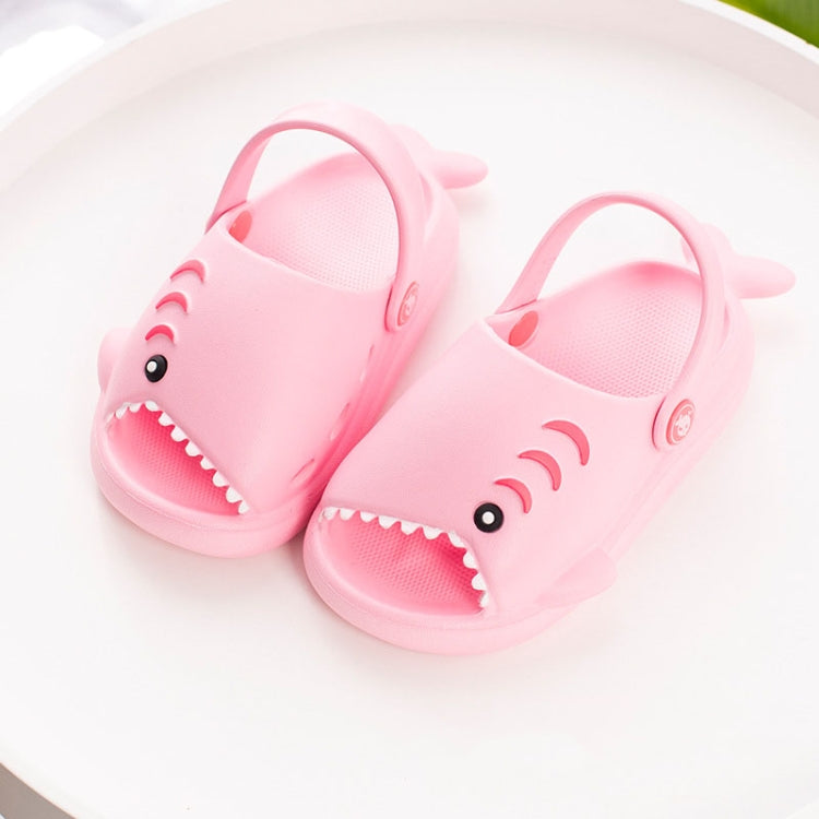 Children's pink shark EVA slippers with open-toe mesh upper and molded smile