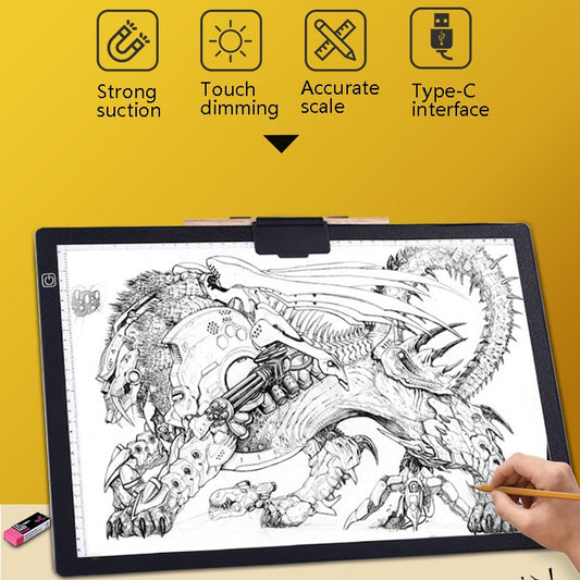 LED copy station with stylus, black frame showing grayscale creature sketch
