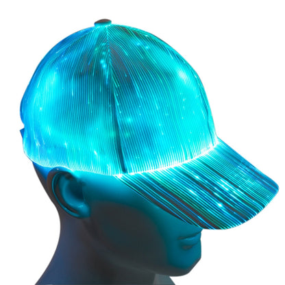 LED fiber optic luminous cap with blue glowing light fibers and dark brim