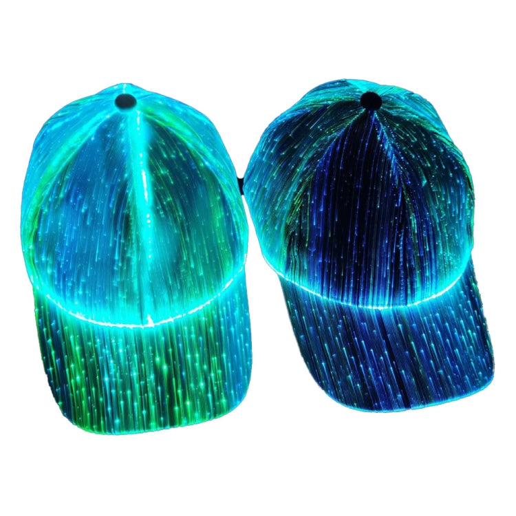 Pair of LED fiber optic luminous caps with blue glowing light fibers