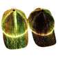 Pair of LED fiber optic luminous caps with green and gold glowing light fibers